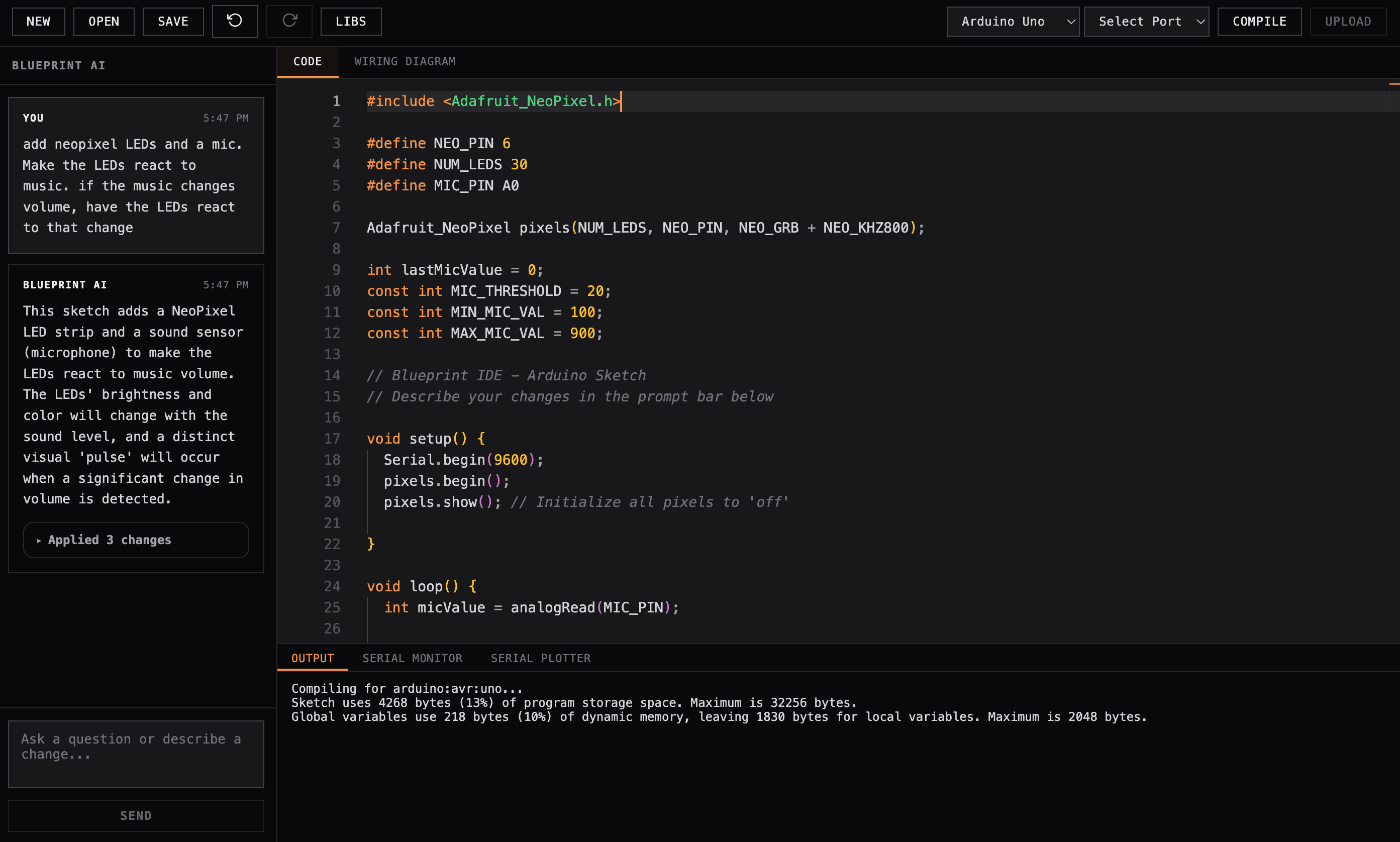 Screenshot of AI prompt bar generating Arduino code