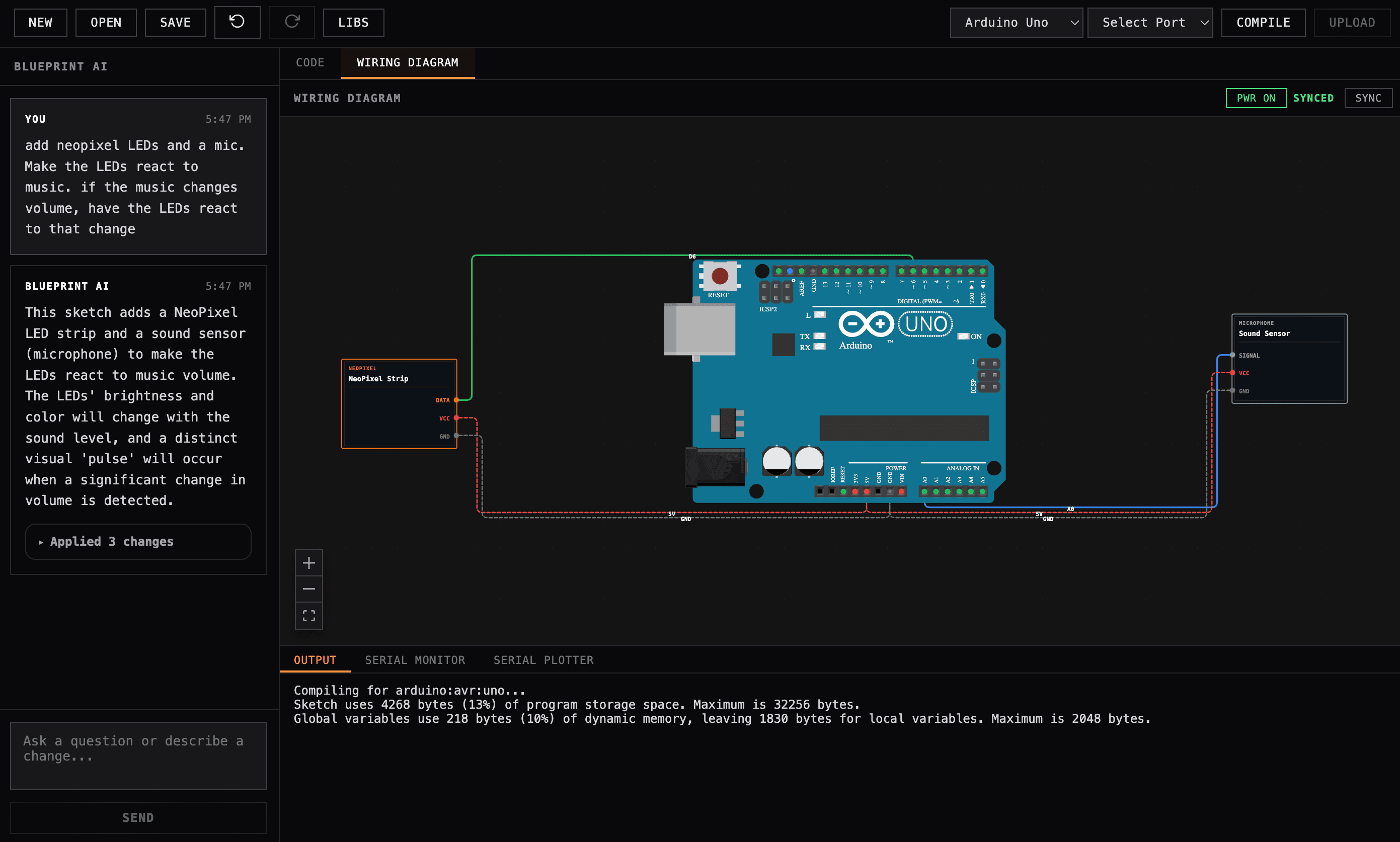 Blueprint IDE showing AI chat, wiring diagram, and code output